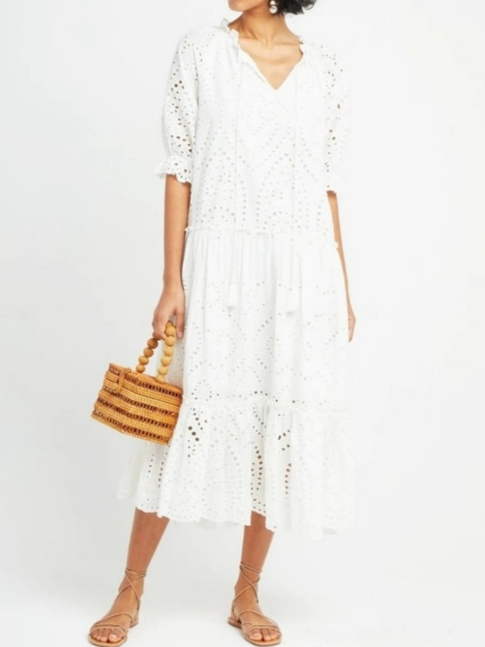 O.P.T White Eyelet Cotton Puff Sleeve Tiered Midi Dress NWT Size Medium